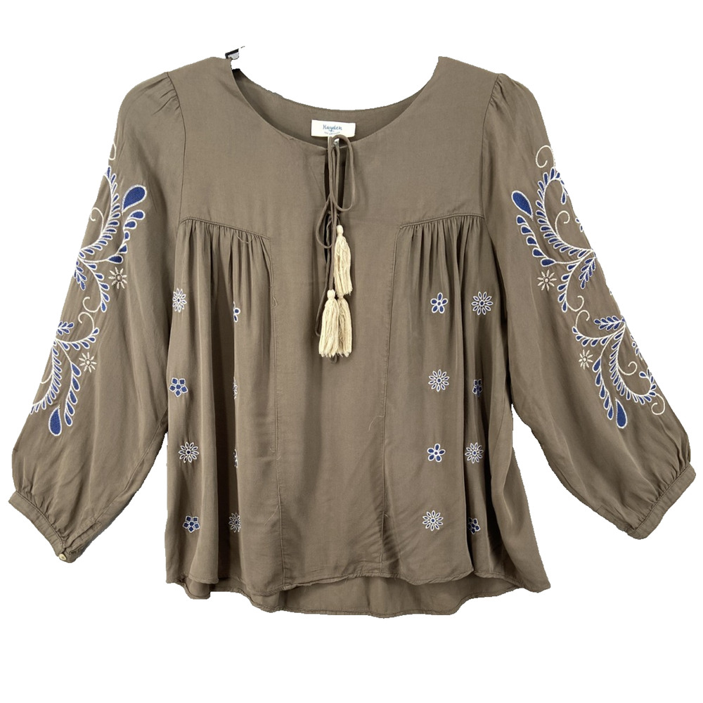 Hayden Los Angeles Shirt Women L Tan Embroidered Puff Sleeve Tassel Boho Hippie